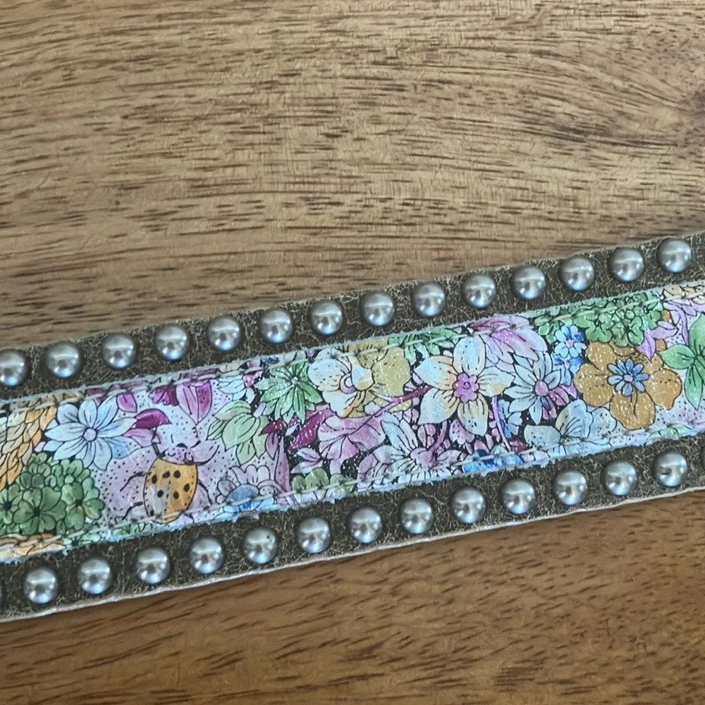 Leatherock 34”l Suede Floral Inlay Belt w/ Crystal Buckle Studded Boho hippie